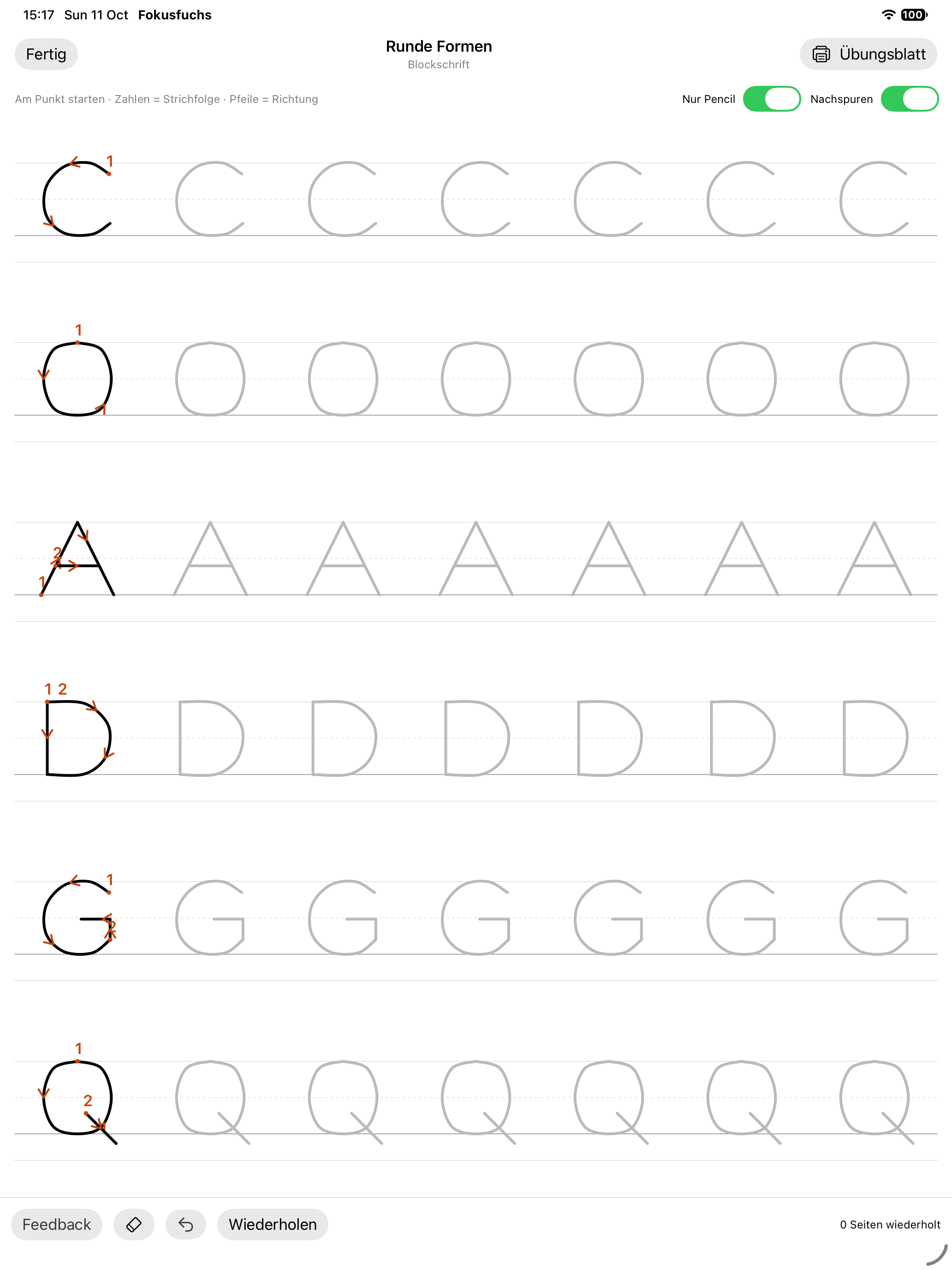 Buchstaben auf ganzen Zeilen, mit Startpunkten und Richtungspfeilen auf dem iPad