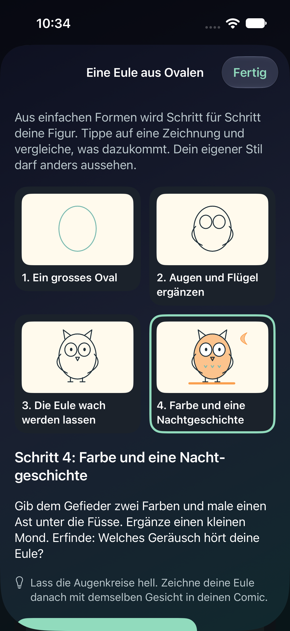 Vier Zeichenstufen einer Eule in der Comic-Werkstatt