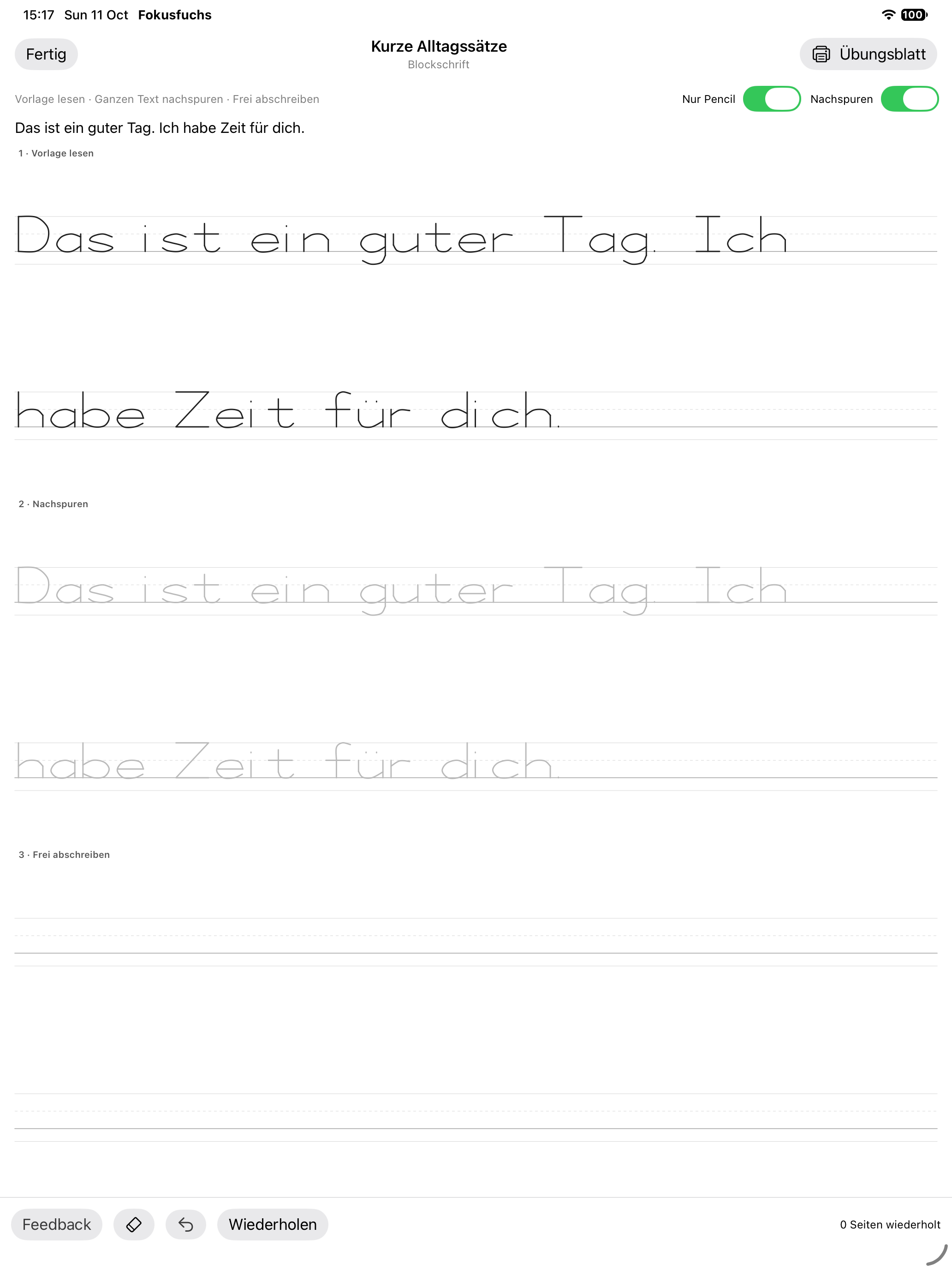 Eine deutsche Satzvorlage zum Nachspuren und selbst Schreiben auf dem iPad