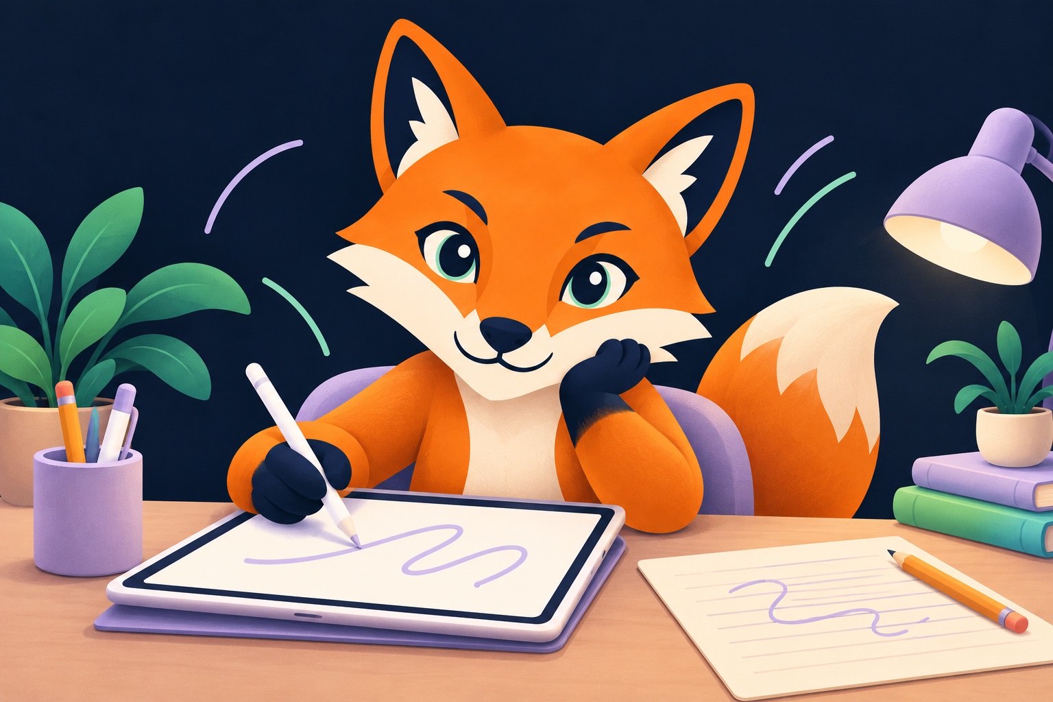 Fokusfuchs übt mit dem Stift auf einem Tablet und auf Papier