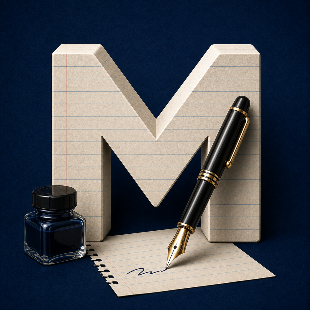 M-Note App-Icon mit einem M aus Papier und einer Füllfeder